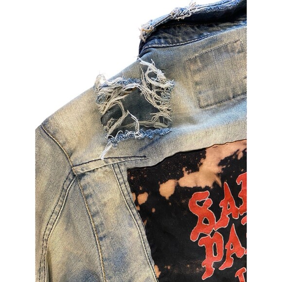 Upcycled Saint Pablo Patch Denim Jacket OOAK Distressed Bleached Street Grunge - Picture 13 of 16